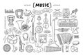 Vector cartoon set on the theme of music. Isolated doodles of musical instruments and symbols on white background. Line art Royalty Free Stock Photo